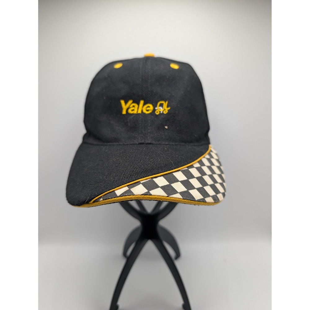 Vintage Yale Forklifts Hat Black Yellow Checkered Brim Strapback Cap Mens